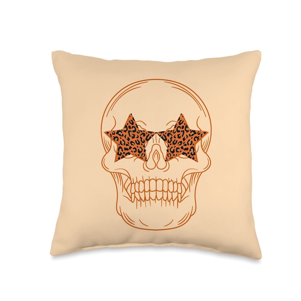 6116 Skull Leopard Star Aesthetic Y2K Preppy Orange Throw Pillow